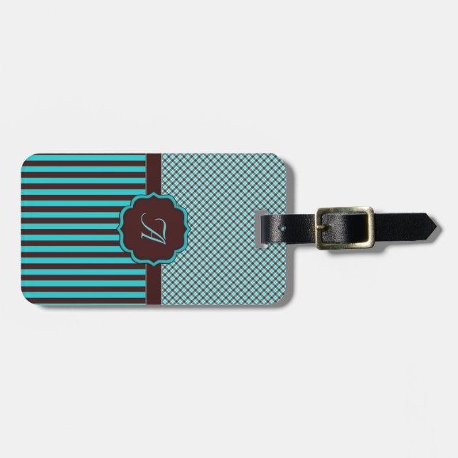 Monogram Tartan, Light Teal och Chocolate Brown Bagagebricka (Horisontell Framsida)
