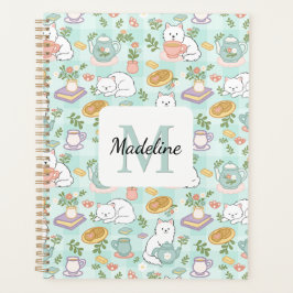 Monogram Tea & Bookish Cats Spiral Planner Green