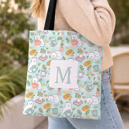 Monogram Tea & Bookish Cats  Tote Bag Mint Green Tygkasse
