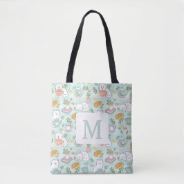 Monogram Tea & Bookish Cats  Tote Bag Mint Green Tygkasse