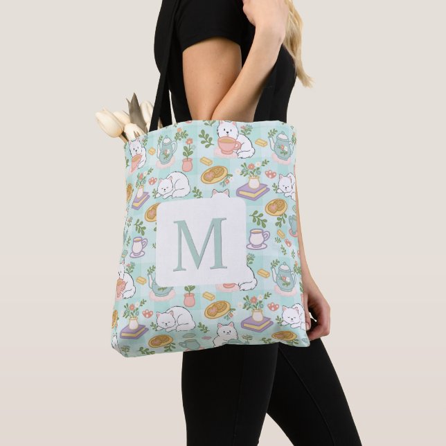 Monogram Tea & Bookish Cats  Tote Bag Mint Green Tygkasse (Närbild)
