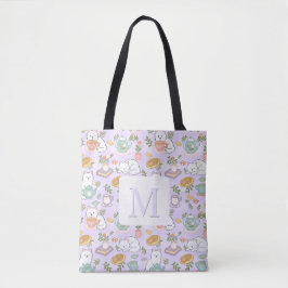 Monogram Tea & Bookish Cats Tote Bag Purple Tygkasse