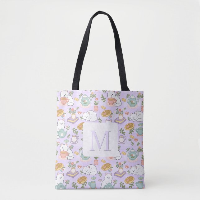 Monogram Tea & Bookish Cats Tote Bag Purple Tygkasse (Framsida)