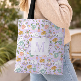 Monogram Tea & Bookish Cats Tote Bag Purple Tygkasse