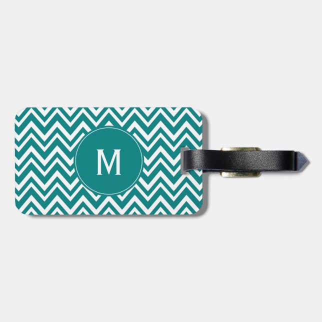 Monogram Teal and White Chevron Mönster Bagagebricka (Baksida Vågrät)
