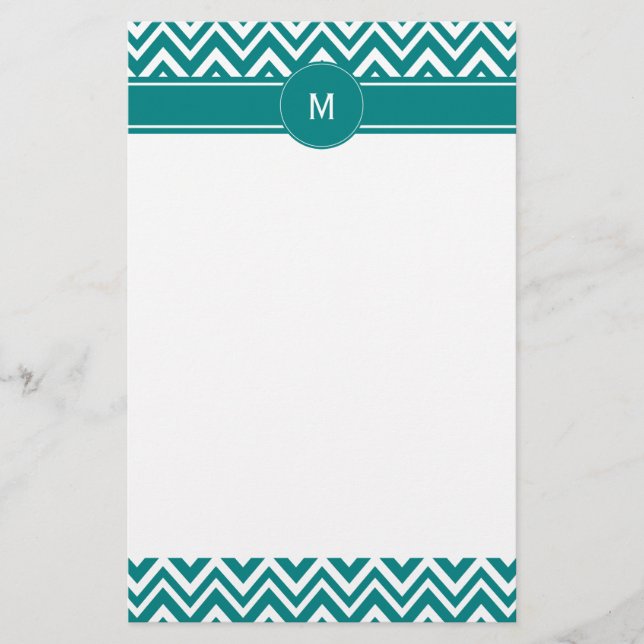 Monogram Teal and White Chevron Mönster Brevpapper (Framsida)
