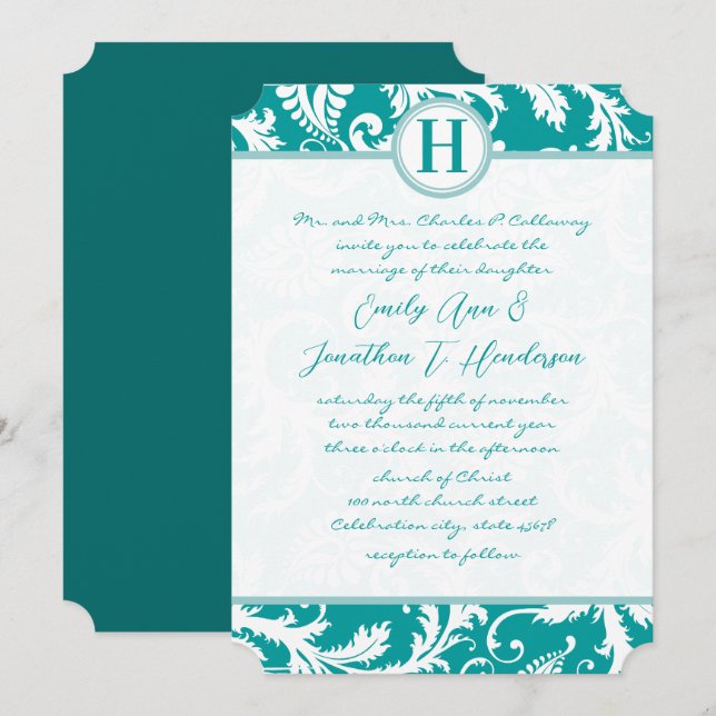 Monogram Teal Aqua Vintage Damask Wedding Inbjudan (Fram/baksida)
