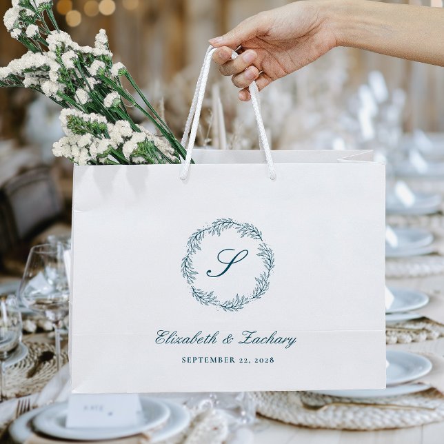 Monogram Teal Blue Foliage Wreath Wedding (Skapare uppladdad)