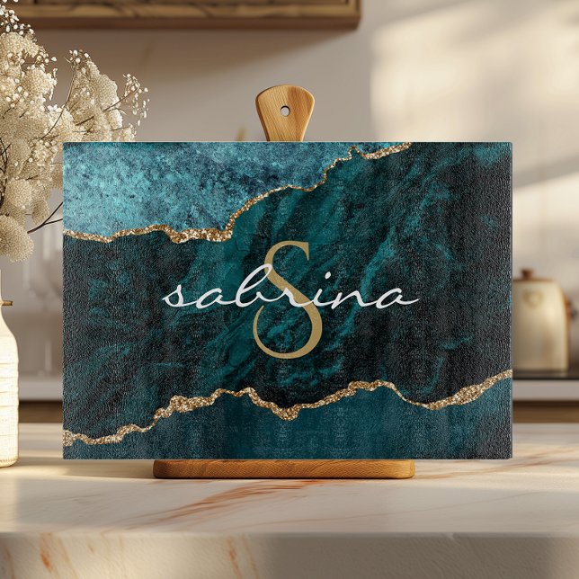 Monogram Teal Blue Guld Agate Geode (Skapare uppladdad)