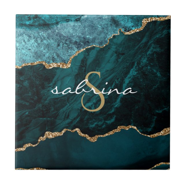 Monogram Teal Blue Guld Agate Geode Kakelplatta (Framsidan)