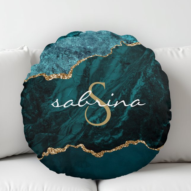 Monogram Teal Blue Guld Agate Geode Rund Kudde (Skapare uppladdad)