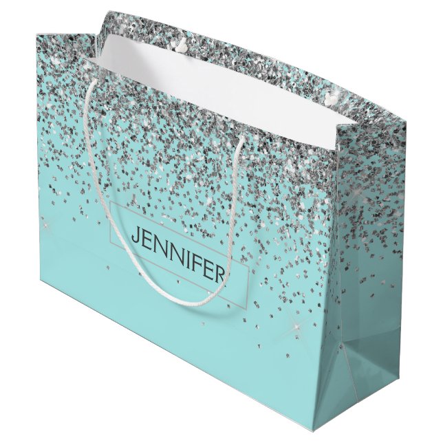 Monogram Teal Blue Silver Glam Glitter Namn (Baksidan Vinklad)