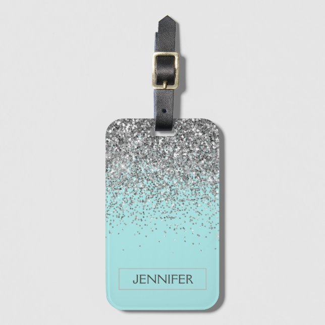 Monogram Teal Blue Silver Glam Glitter Namn Bagagebricka (Framsida vertikal)