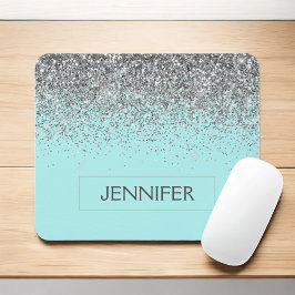 Monogram Teal Blue Silver Glam Glitter Namn Musmatta