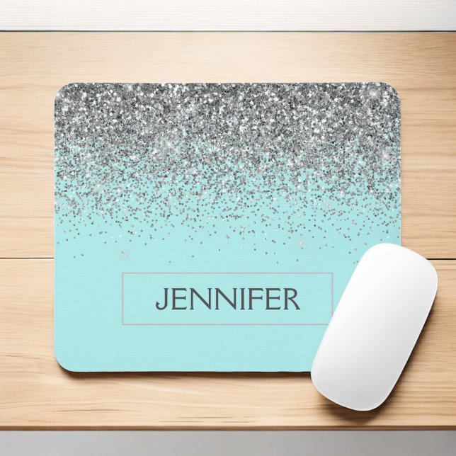 Monogram Teal Blue Silver Glam Glitter Namn Musmatta (Skapare uppladdad)