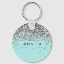 Monogram Teal Blue Silver Glam Glitter Namn Nyckelring