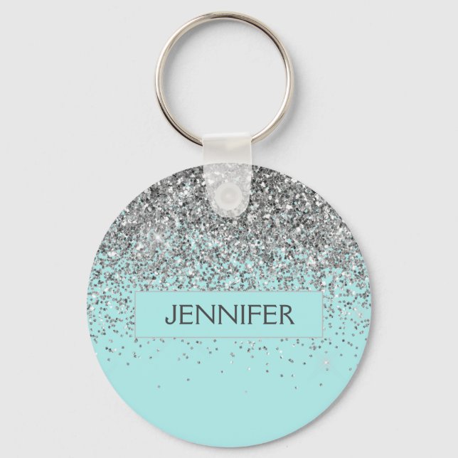Monogram Teal Blue Silver Glam Glitter Namn Nyckelring (Framsida)