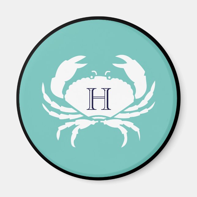 Monogram Teal Blue White Navy Blue Crab Nautical Magnet (Framsidan)