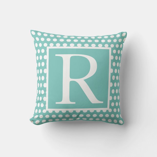 Monogram Teal Blue White Poka Dots Gift Favor Kudde (Framsida)