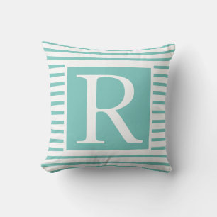 Monogram: Teal Blue White Rand Namn Gift Favor Kudde