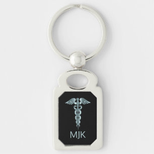 Monogram Teal Caduceus Rektangulärt Silverfärgad Nyckelring
