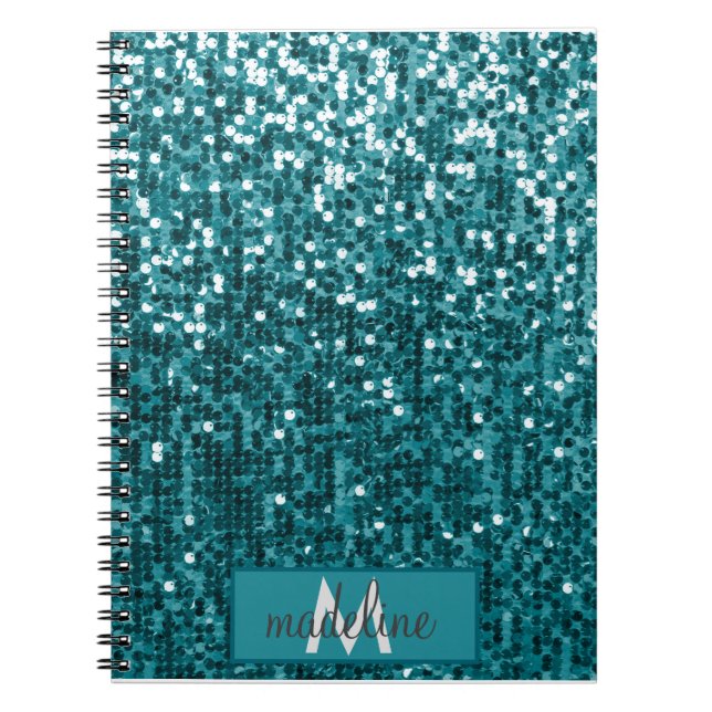 Monogram Teal Glitter Sequin Sparkly bärbar dator Anteckningsbok (Framsidan)