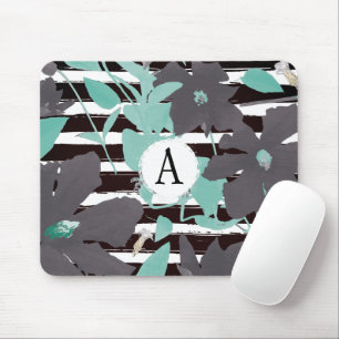Monogram Teal Grått Blommigt Rand Musmatta