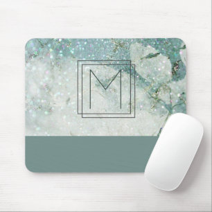 Monogram Teal Grönt Marble Glitter Monogram Musmatta