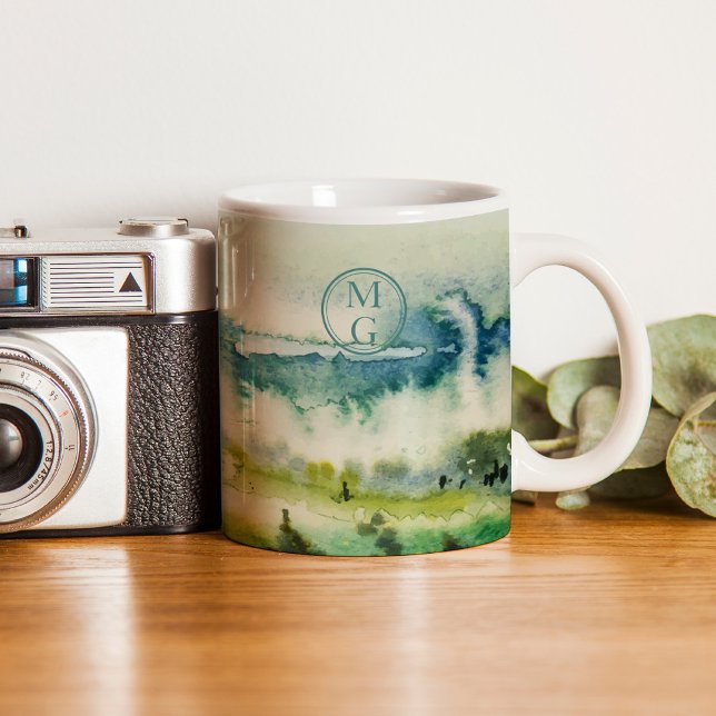 Monogram Teal Grönt Vattenfärg Kaffemugg (This design a calming soft watercolor landscape in soothing greens and blues. )