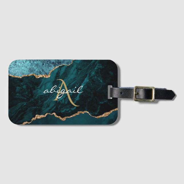 Monogram Teal Guld Agat Geod Bagagebricka (Framsida horisontal)