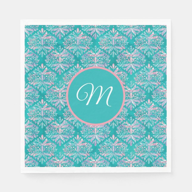 Monogram Teal Mönster Napkins Pappersservett (Framsidan)