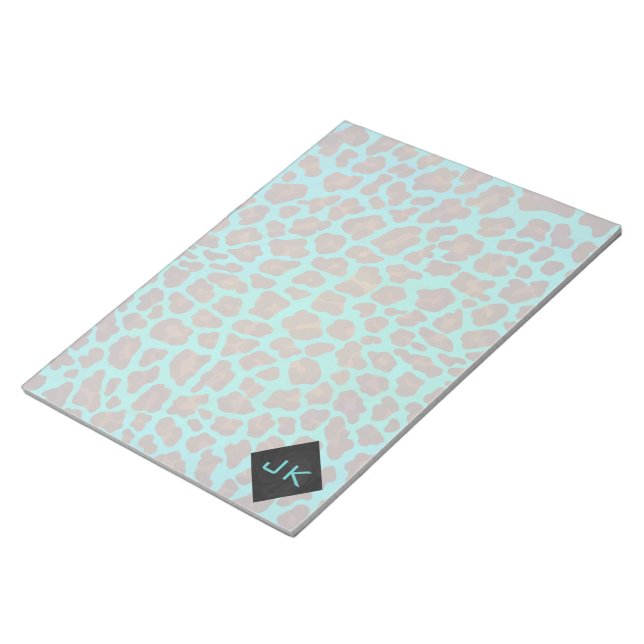 Monogram Teal och Brown Leopard Anteckningsblock (Vinklad)
