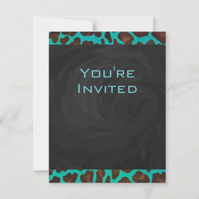 Monogram Teal och Brown Leopard Inbjudningar (Framsida)
