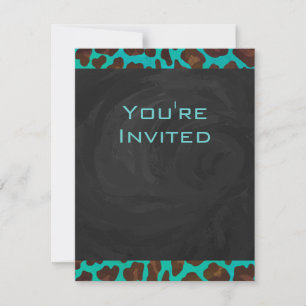Monogram Teal och Brown Leopard Inbjudningar