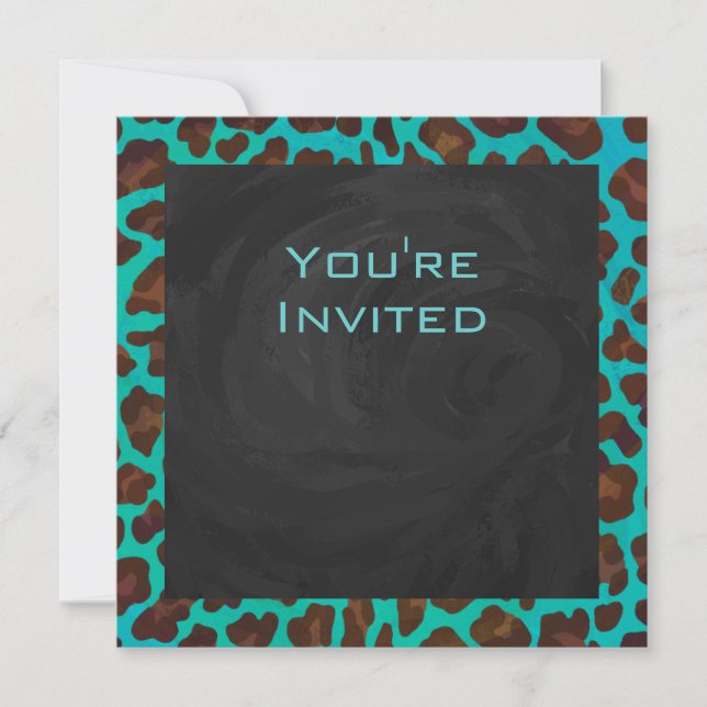 Monogram Teal och Brown Leopard Inbjudningar (Framsida)