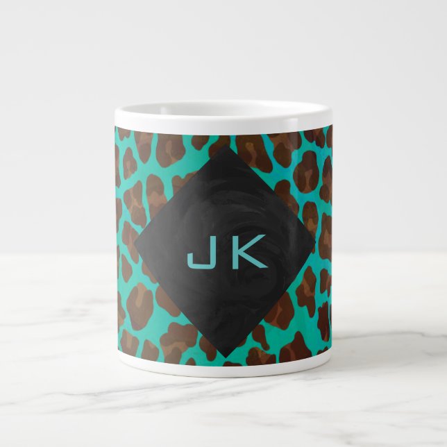 Monogram Teal och Brown Leopard Jumbo Mugg (Framsidan)
