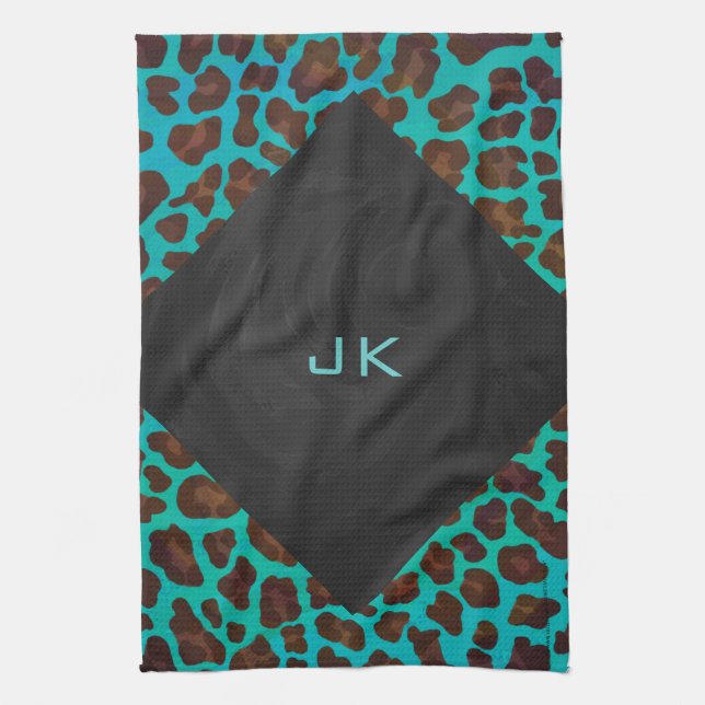 Monogram Teal och Brown Leopard Kökshandduk (Vertikal)
