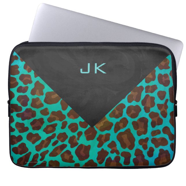 Monogram Teal och Brown Leopard Laptop Fodral (Framsidan)