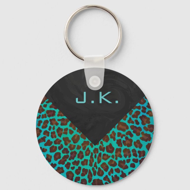 Monogram Teal och Brown Leopard Nyckelring (Framsida)
