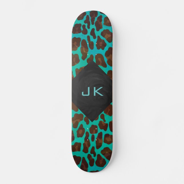 Monogram Teal och Brown Leopard Skateboard Bräda 21,5 Cm (Framsida)