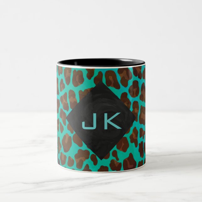 Monogram Teal och Brown Leopard Två-Tonad Mugg (Center)
