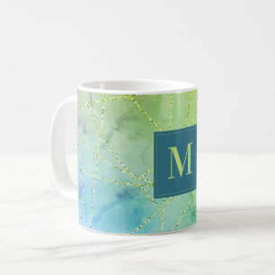 Monogram Teal och Grönt Faux Glitter Geometric Kaffemugg