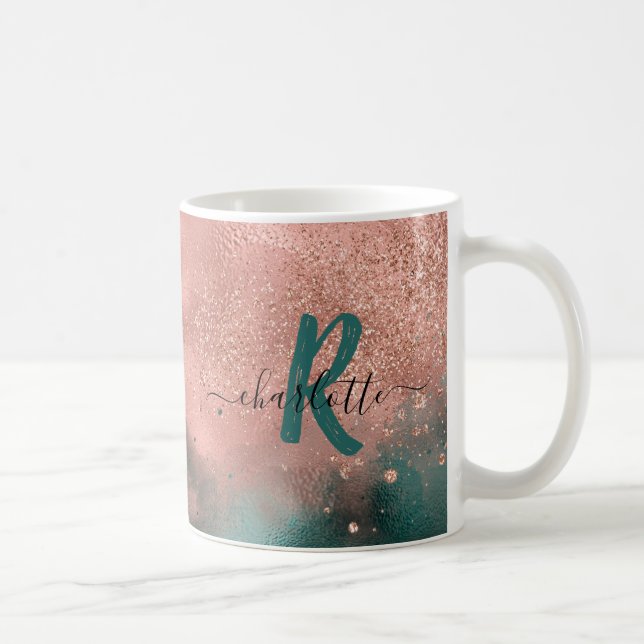 Monogram Teal och Mjuk  Rosa Ombre Foil Kaffe Kaffemugg (Höger)