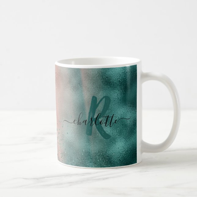 Monogram Teal och Mjuk  Rosa Ombre Foil Kaffemugg (Höger)