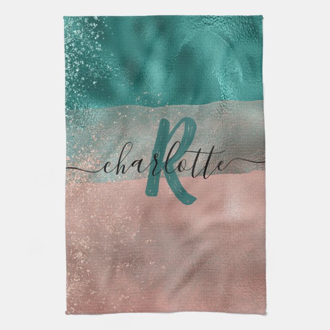 Monogram Teal och Mjuk  Rosa Ombre Foil Kökshandduk (Vertikal)