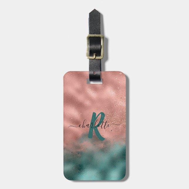 Monogram Teal och Soft  Rosa Ombre Foil Lugga Bagagebricka (Vertikal Framsida)