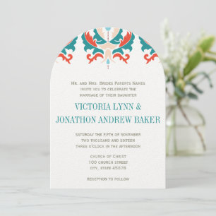 Monogram Teal Peach Red Orange Bröllop Inbjudningar