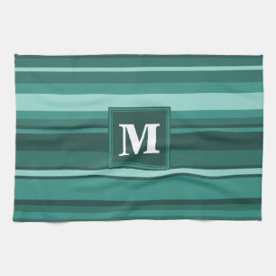 Monogram teal rand kökshandduk
