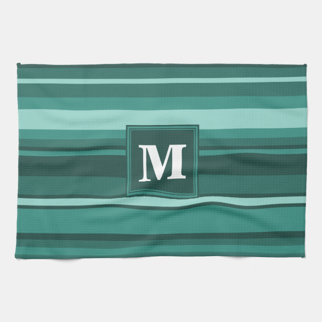 Monogram teal rand kökshandduk (Horisontell)