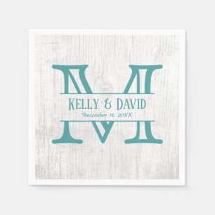 Monogram Teal Rustic Barn Wood Elegant bröllop Pappersservett